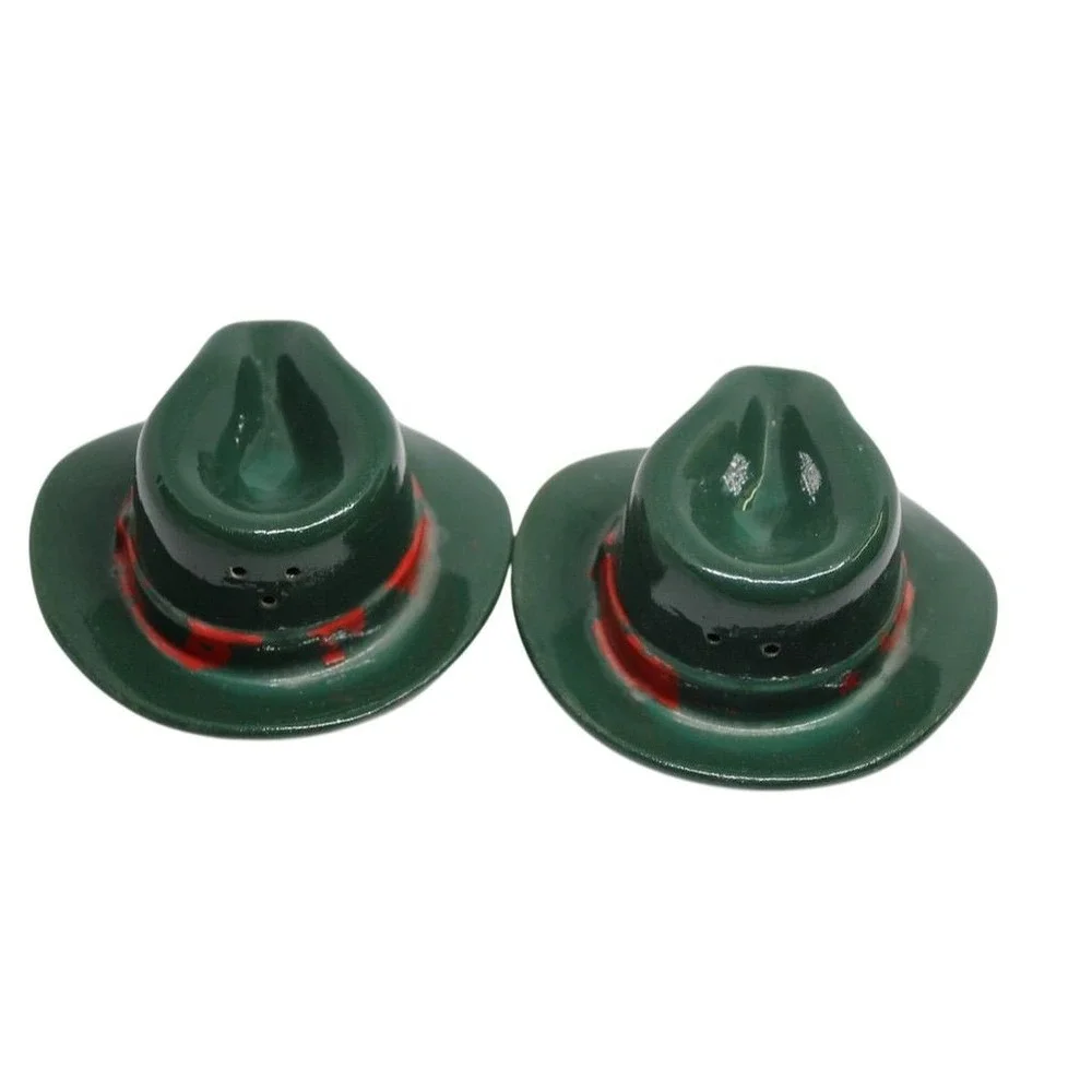 Vintage Green Fedora Hat Salt & Pepper Shakers Retro Style Set of 2